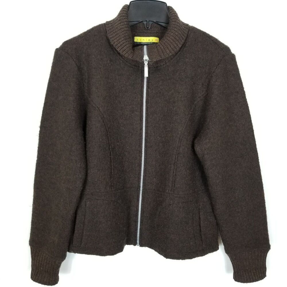 Ashley B Bernardo Women Wool Zip Up Jacket Sz L Brown Warm Pockets